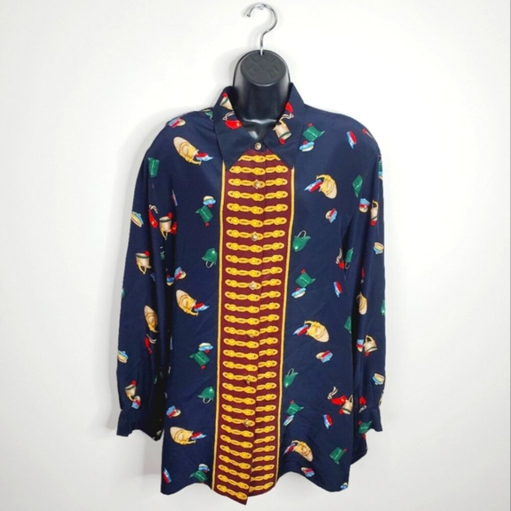 Vintage Liz Claiborne Pure Silk Equestrian Novelty Military Print Preppy Blouse